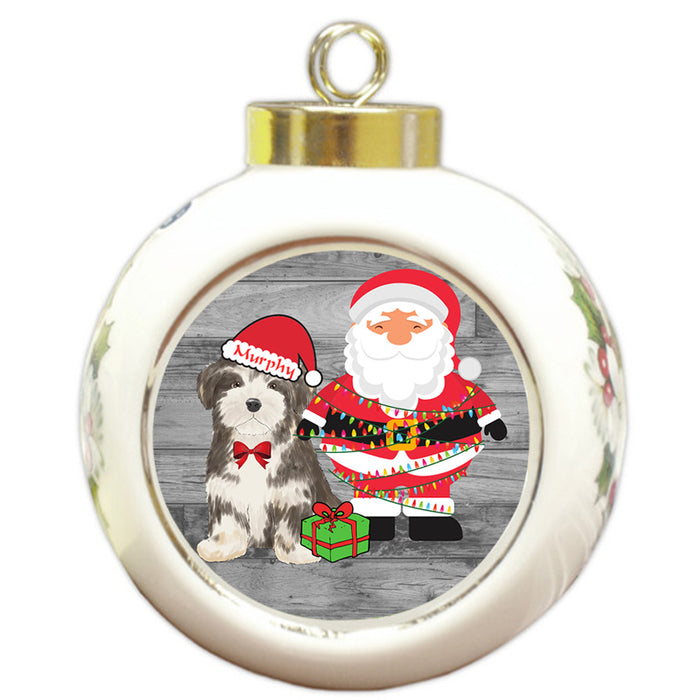 Custom Personalized Havanese Dog With Santa Wrapped in Light Christmas Round Ball Ornament