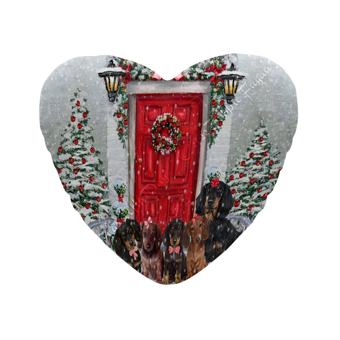 Christmas Holiday Welcome Red Door Dachshund Dog on Heart-Shapee Pillow