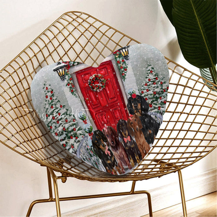 Christmas Holiday Welcome Red Door Dachshund Dog on Heart-Shapee Pillow