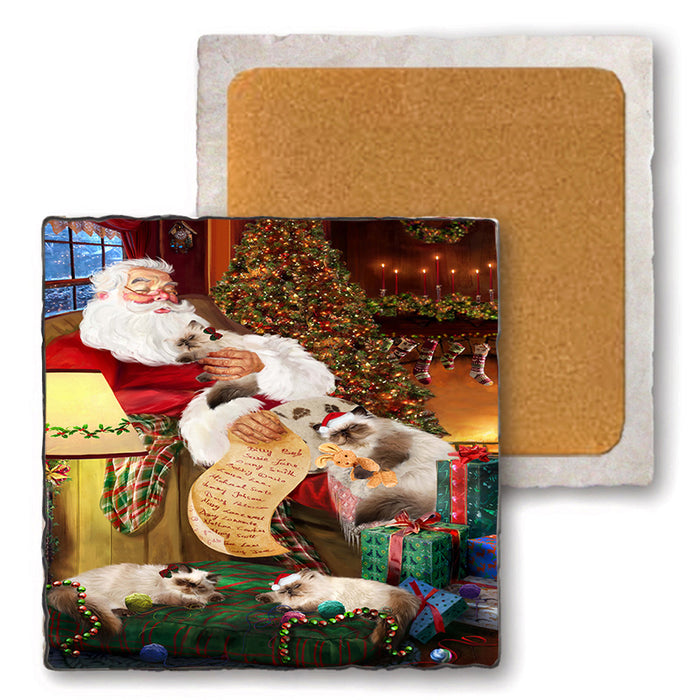 Himalayan Cats and Kittens Sleeping with Santa  Set of 4 Natural Stone Marble Tile Coasters MCST49386