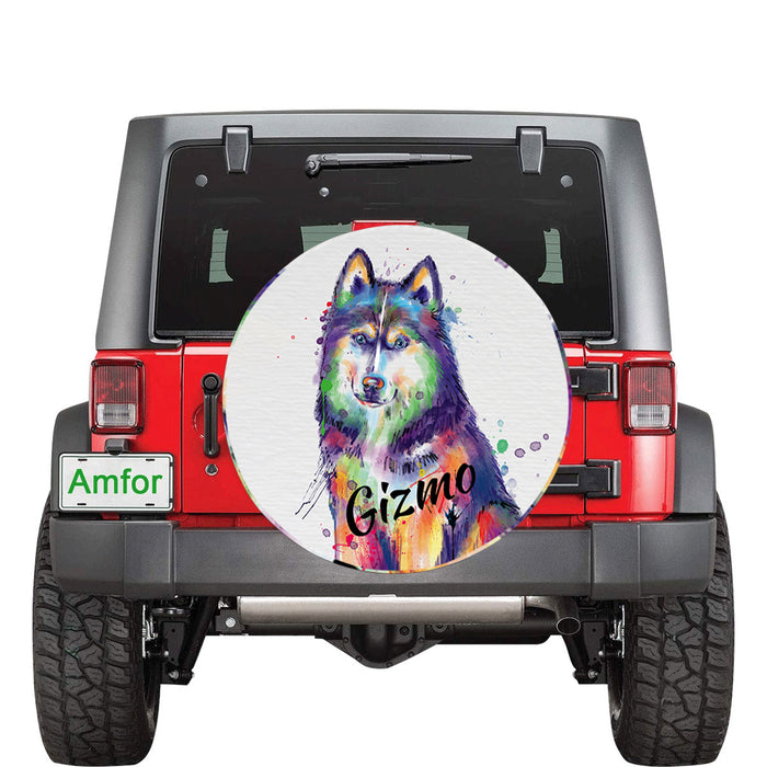Custom Pet Name Personalized Watercolor Siberian Husky Dog Car Tire Cover
