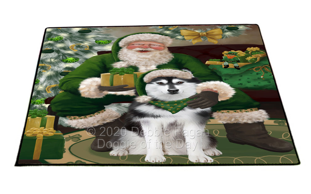 Christmas Irish Santa with Gift and Siberian Husky Dog Indoor/Outdoor Welcome Floormat - Premium Quality Washable Anti-Slip Doormat Rug FLMS57175