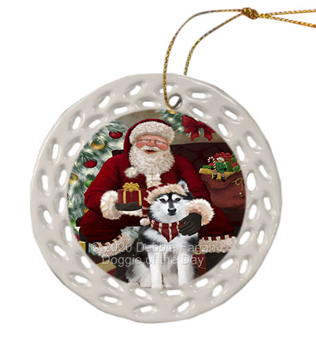 Santa's Christmas Surprise Siberian Husky Dog Doily Ornament DPOR59594