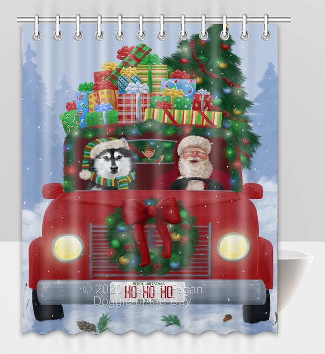 Christmas Honk Honk Red Truck Here Comes with Santa and Siberian Husky Dog Shower Curtain Bathroom Accessories Decor Bath Tub Screens SC046