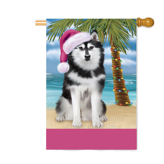 Personalized Summertime Happy Holidays Christmas Siberian Husky Dog on Tropical Island Beach Custom House Flag FLG-DOTD-A60543