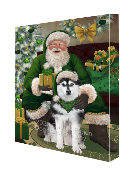Christmas Irish Santa with Gift and Siberian Husky Dog Canvas Print Wall Art Décor CVS147752