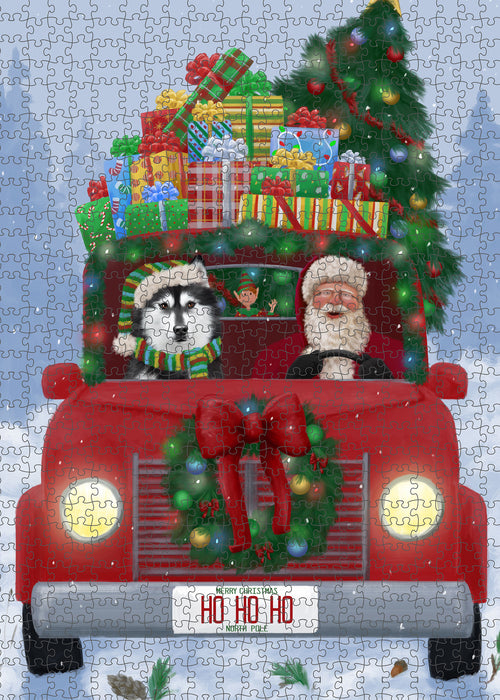 Christmas Honk Honk Red Truck Here Comes with Santa and Siberian Husky Dog Puzzle with Photo Tin PUZL100044