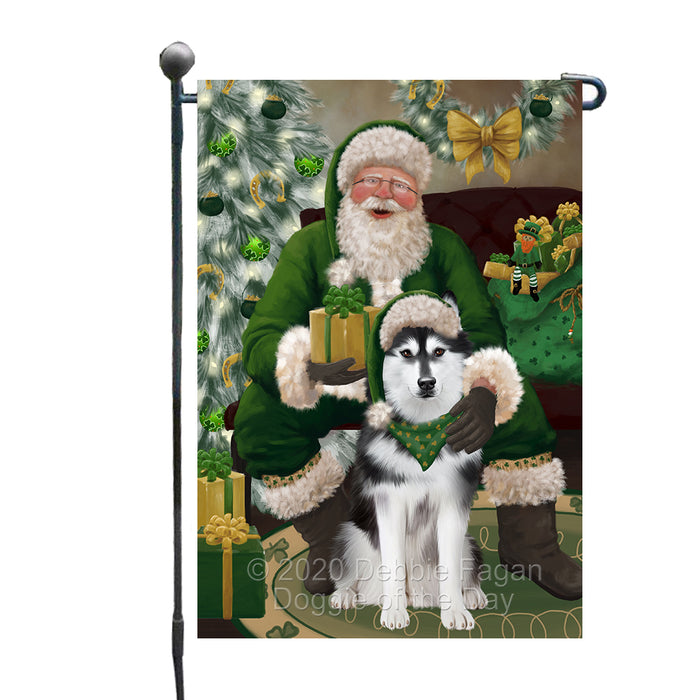 Christmas Irish Santa with Gift and Siberian Husky Dog Garden Flag GFLG66650