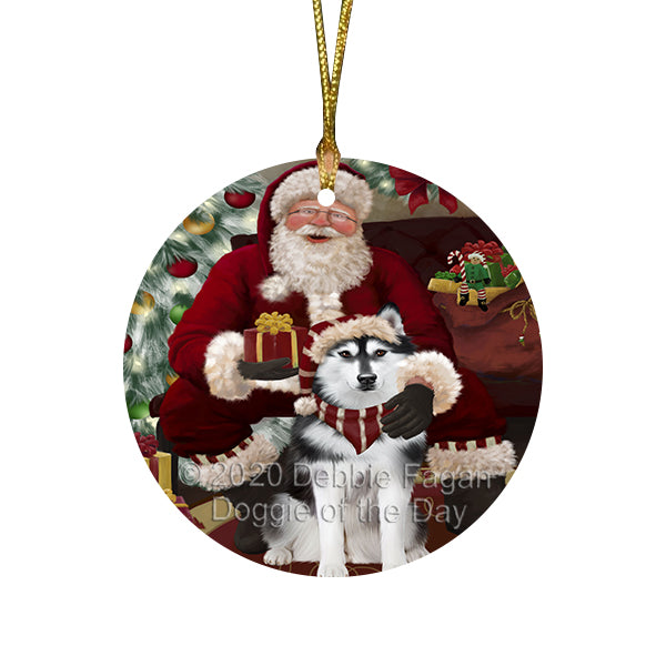 Santa's Christmas Surprise Siberian Husky Dog Round Flat Christmas Ornament RFPOR58032