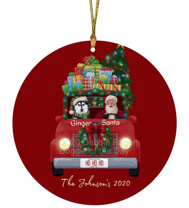 Personalized Christmas Honk Honk Red Truck Here Comes with Santa and Siberian Husky Dog Round Flat Ornament PRBPOR59084
