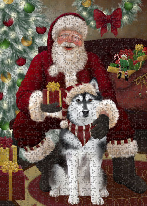 Santa's Christmas Surprise Siberian Husky Dog Puzzle with Photo Tin PUZL100828