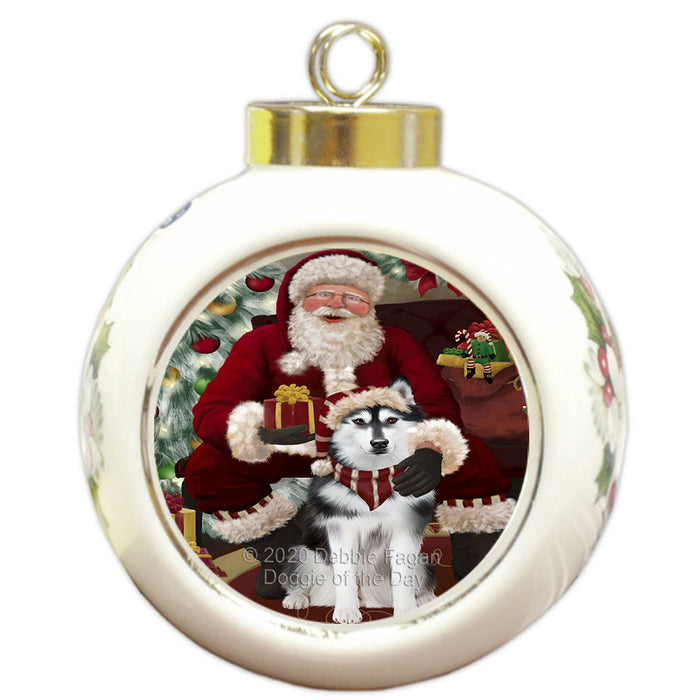 Santa's Christmas Surprise Siberian Husky Dog Round Ball Christmas Ornament RBPOR58032
