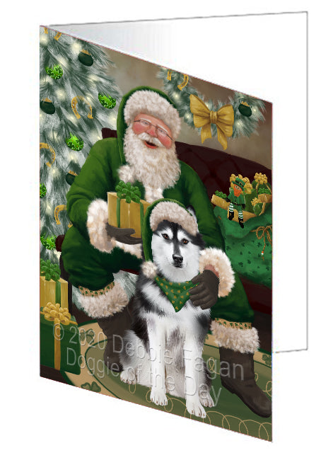 Christmas Irish Santa with Gift and Siberian Husky Dog Handmade Artwork Assorted Pets Greeting Cards and Note Cards with Envelopes for All Occasions and Holiday Seasons GCD75872