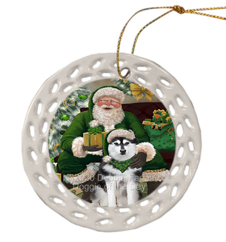 Christmas Irish Santa with Gift and Siberian Husky Dog Doily Ornament DPOR59496