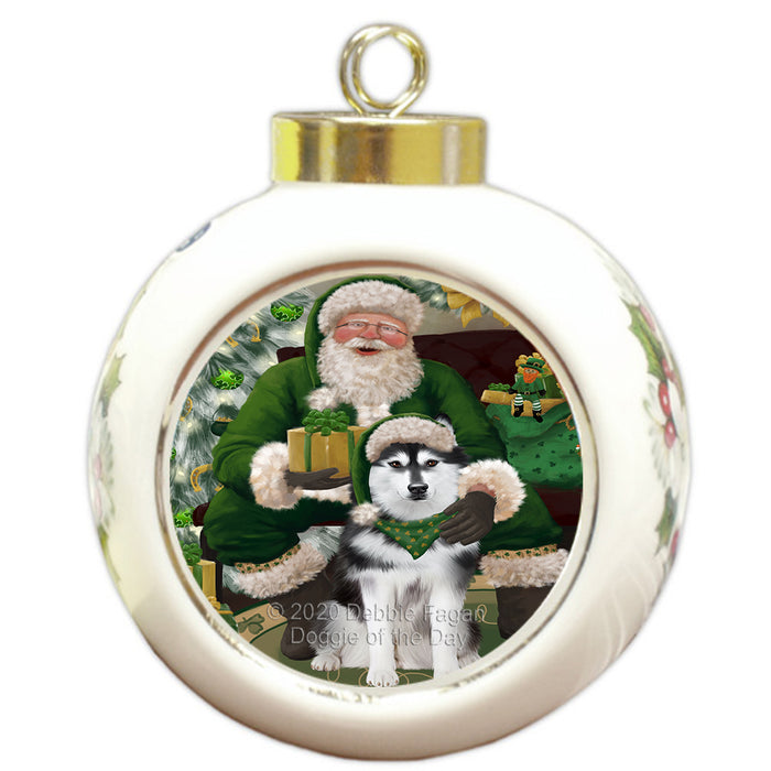 Christmas Irish Santa with Gift and Siberian Husky Dog Round Ball Christmas Ornament RBPOR57934