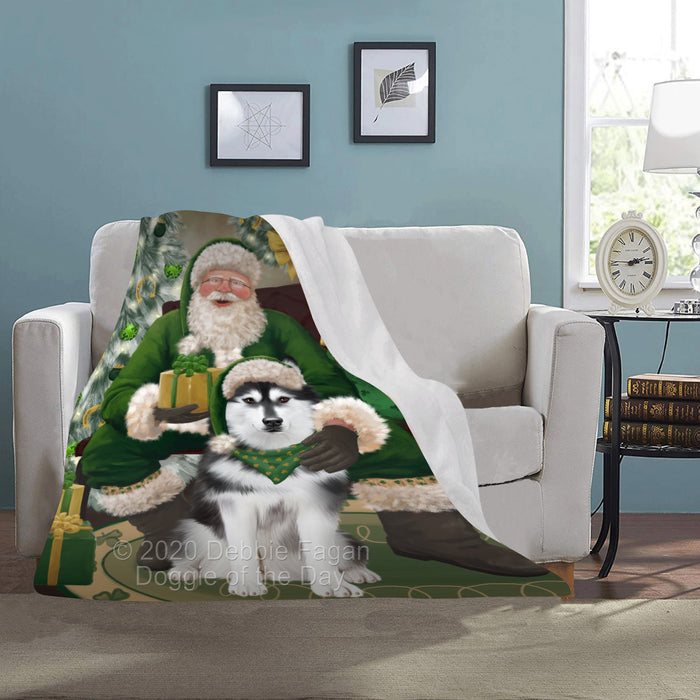 Christmas Irish Santa with Gift and Siberian Husky Dog Blanket BLNKT141378