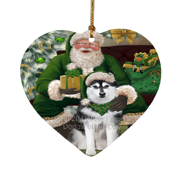 Christmas Irish Santa with Gift and Siberian Husky Dog Heart Christmas Ornament RFPOR58276