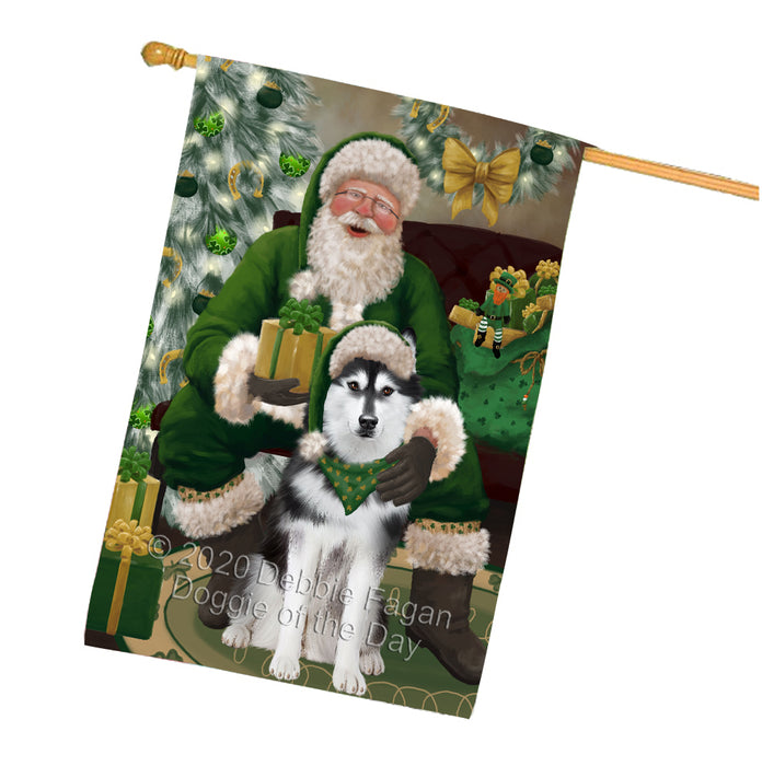Christmas Irish Santa with Gift and Siberian Husky Dog House Flag FLG66706