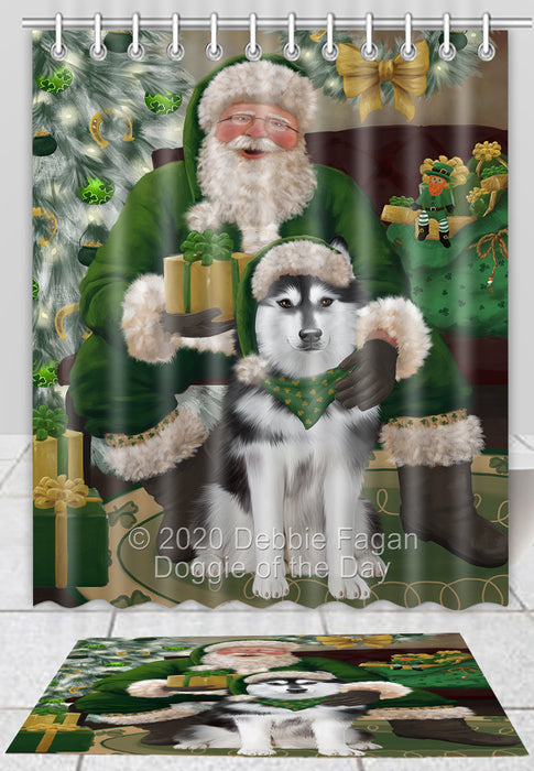 Christmas Irish Santa with Gift Siberian Husky Dog Bath Mat and Shower Curtain Combo