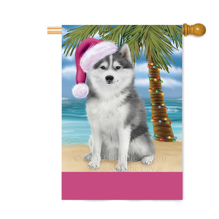 Personalized Summertime Happy Holidays Christmas Siberian Husky Dog on Tropical Island Beach Custom House Flag FLG-DOTD-A60544