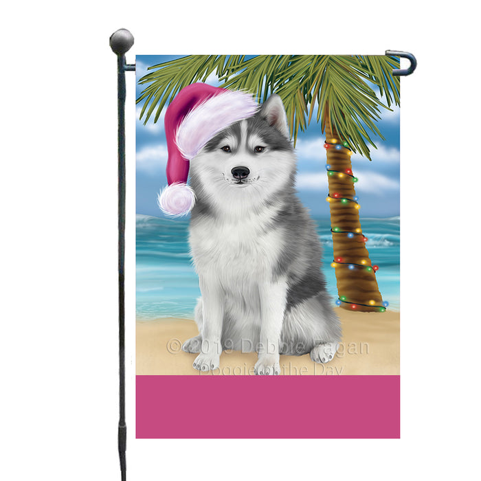 Personalized Summertime Happy Holidays Christmas Siberian Husky Dog on Tropical Island Beach  Custom Garden Flags GFLG-DOTD-A60488