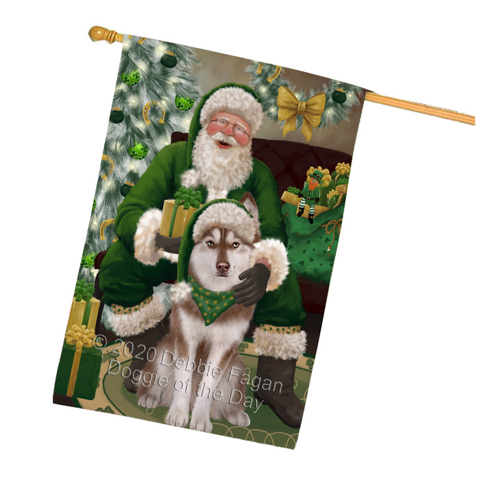Christmas Irish Santa with Gift and Siberian Husky Dog House Flag FLG66707