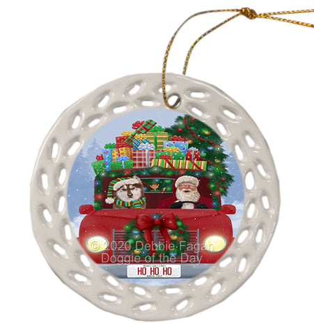 Christmas Honk Honk Red Truck with Santa and Siberian Husky Dog Doily Ornament DPOR59356