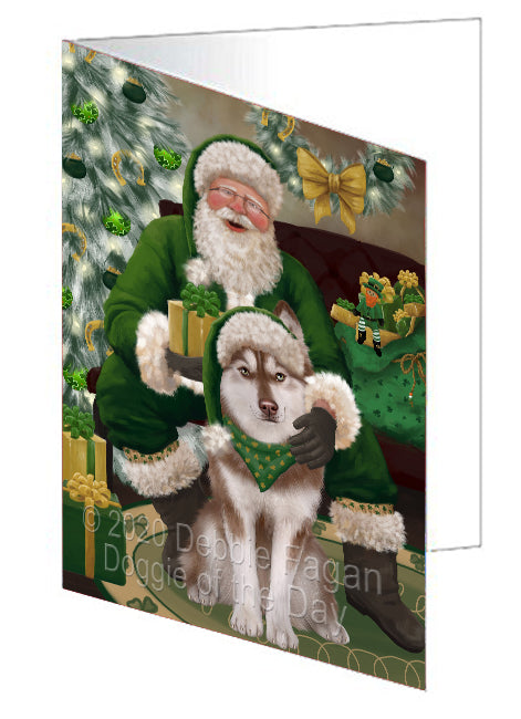Christmas Irish Santa with Gift and Siberian Husky Dog Handmade Artwork Assorted Pets Greeting Cards and Note Cards with Envelopes for All Occasions and Holiday Seasons GCD75875