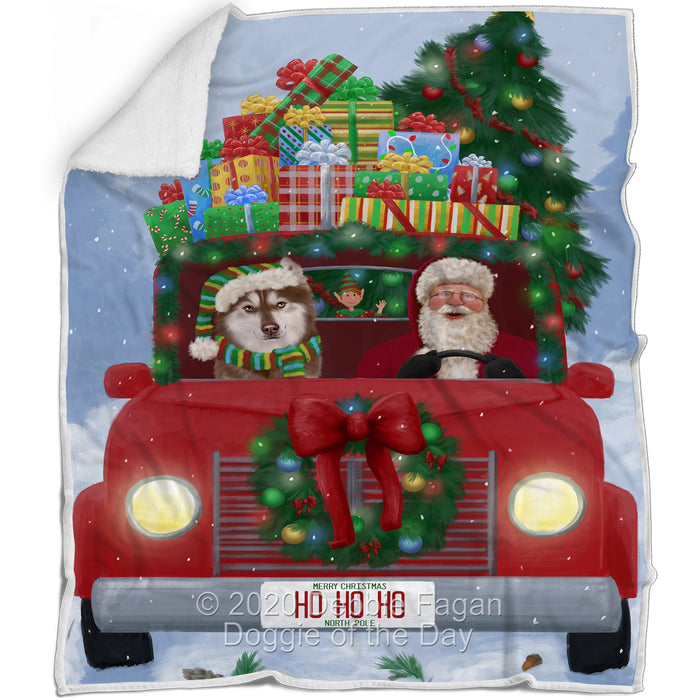 Christmas Honk Honk Red Truck Here Comes with Santa and Siberian Husky Dog Blanket BLNKT140893
