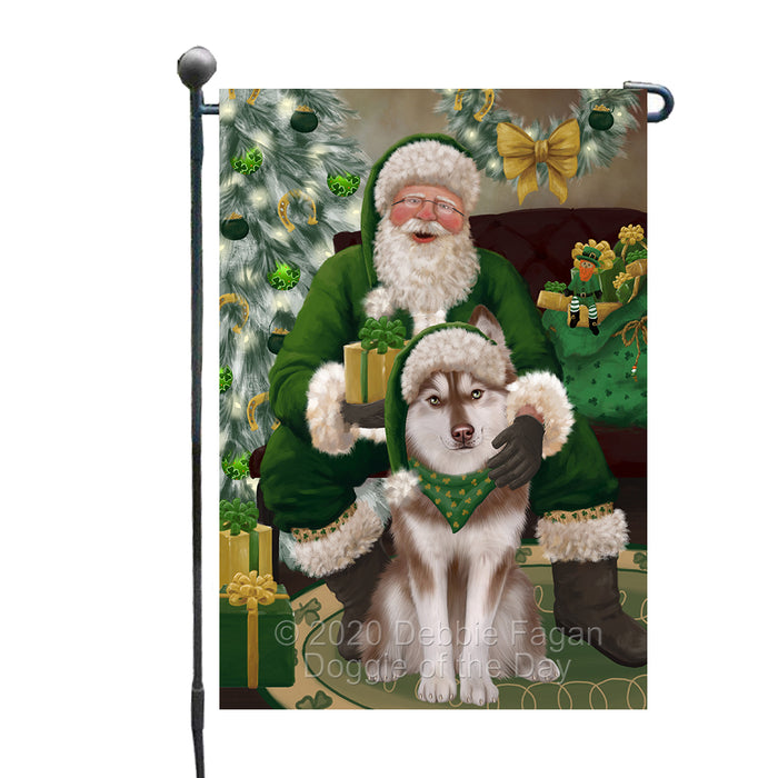 Christmas Irish Santa with Gift and Siberian Husky Dog Garden Flag GFLG66651