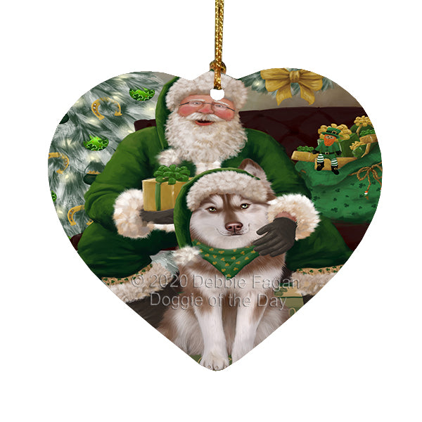 Christmas Irish Santa with Gift and Siberian Husky Dog Heart Christmas Ornament RFPOR58277