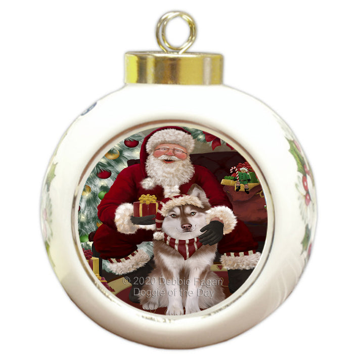 Santa's Christmas Surprise Siberian Husky Dog Round Ball Christmas Ornament RBPOR58033