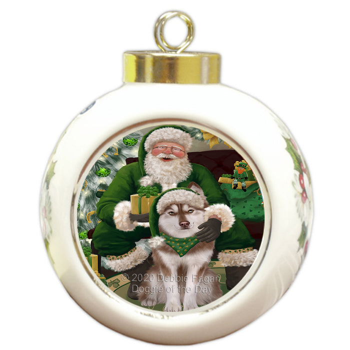 Christmas Irish Santa with Gift and Siberian Husky Dog Round Ball Christmas Ornament RBPOR57935