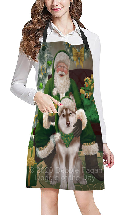 Christmas Irish Santa with Gift and Siberian Husky Dog Apron Apron-48311