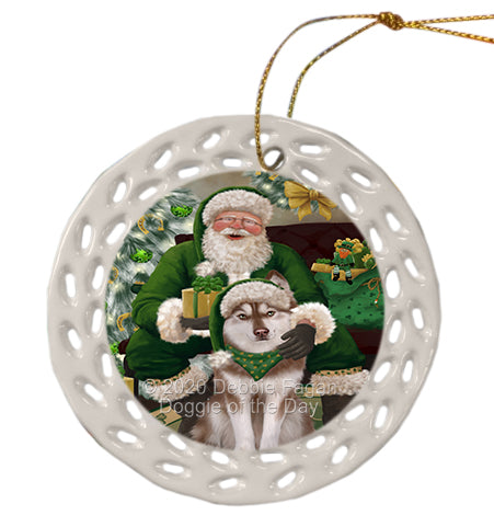 Christmas Irish Santa with Gift and Siberian Husky Dog Doily Ornament DPOR59497