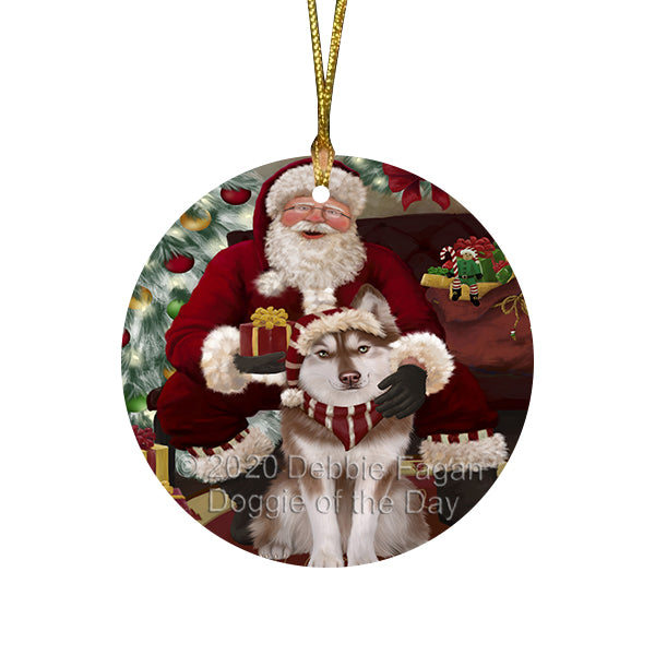 Santa's Christmas Surprise Siberian Husky Dog Round Flat Christmas Ornament RFPOR58033