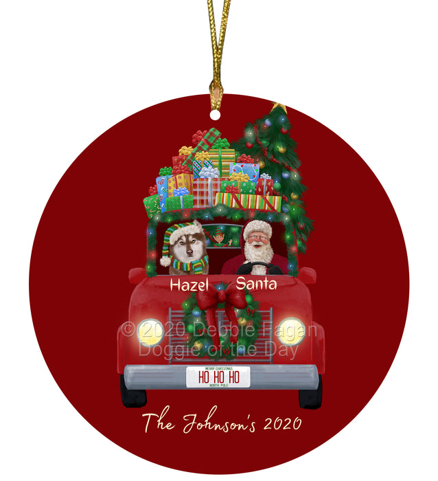 Personalized Christmas Honk Honk Red Truck Here Comes with Santa and Siberian Husky Dog Round Flat Ornament PRBPOR59085