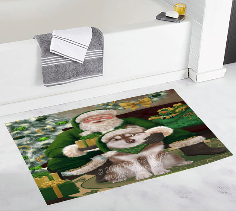 Christmas Irish Santa with Gift and Siberian Husky Dog Bath Mat BRUG54061
