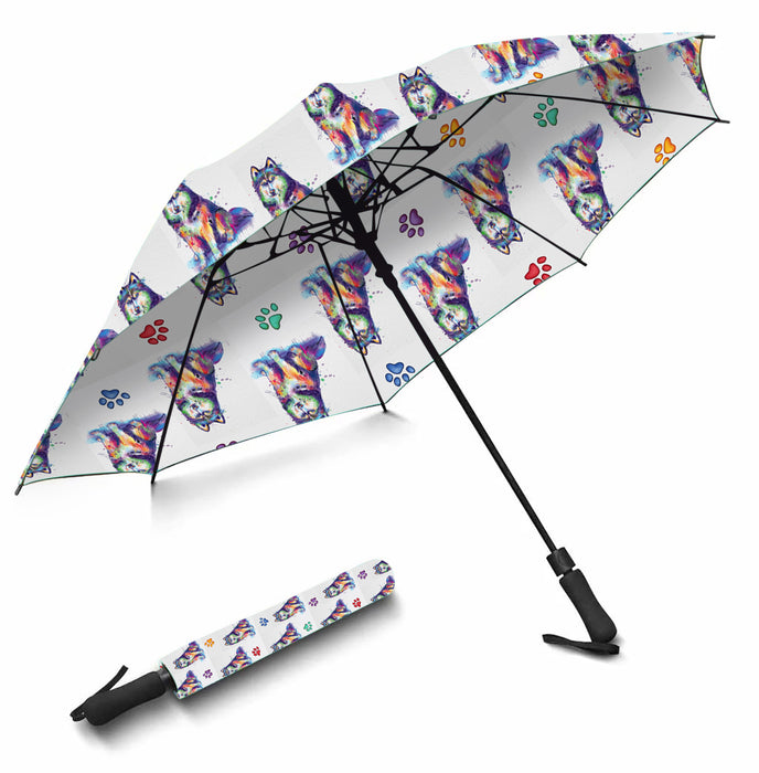 Watercolor Mini Siberian Husky DogsSemi-Automatic Foldable Umbrella