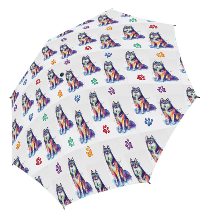 Watercolor Mini Siberian Husky DogsSemi-Automatic Foldable Umbrella