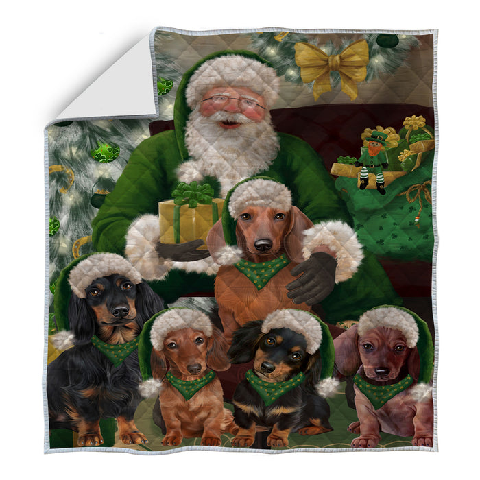 Christmas Irish Santa Dachshund Dogs Quilt Bed Coverlet Bedspread - Pets Comforter Unique One-side Animal Printing - Soft Lightweight Durable Washable Polyester Quilt