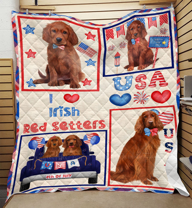 4th of July Independence Day I Love USA Irish Red Setter Dogs Quilt Bed Coverlet Bedspread - Pets Comforter Unique One-side Animal Printing - Soft Lightweight Durable Washable Polyester Quilt