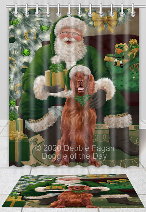 Christmas Irish Santa with Gift Irish Red Setter Dog Bath Mat and Shower Curtain Combo