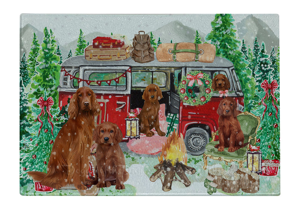 Christmas Time Camping with Irish Red Setter Dogs Cutting Board - For Kitchen - Scratch & Stain Resistant - Designed To Stay In Place - Easy To Clean By Hand - Perfect for Chopping Meats, Vegetables