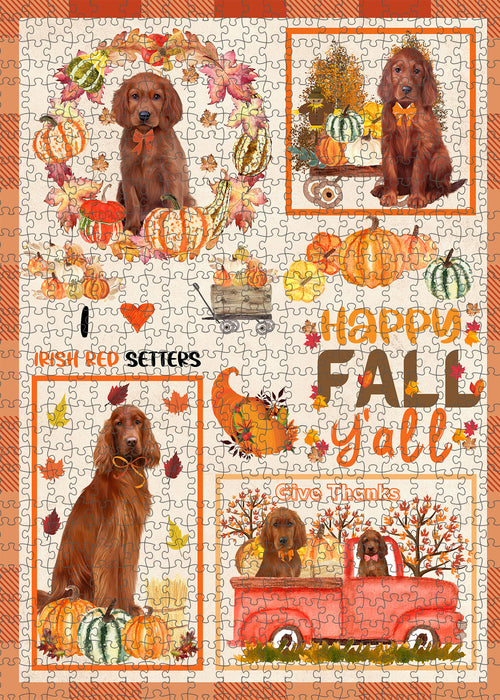 Happy Fall Y'all Pumpkin Irish Red Setter Dogs Portrait Jigsaw Puzzle for Adults Animal Interlocking Puzzle Game Unique Gift for Dog Lover's with Metal Tin Box