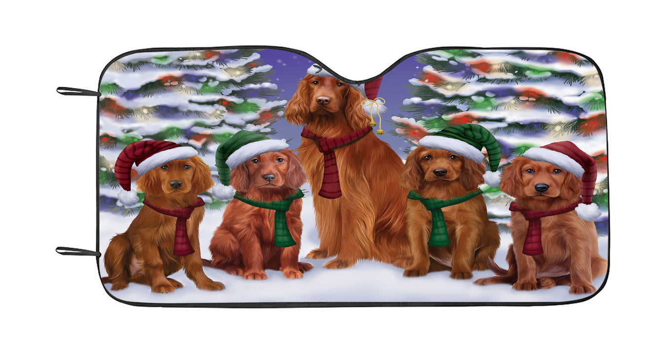 Irish Red Setter Dogs Christmas Family Portrait in Holiday Scenic Background Car Sun Shade