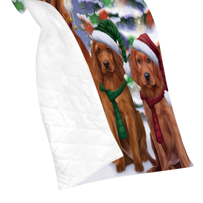 Irish Red Setter Dogs Christmas Family Portrait in Holiday Scenic Background Quilt