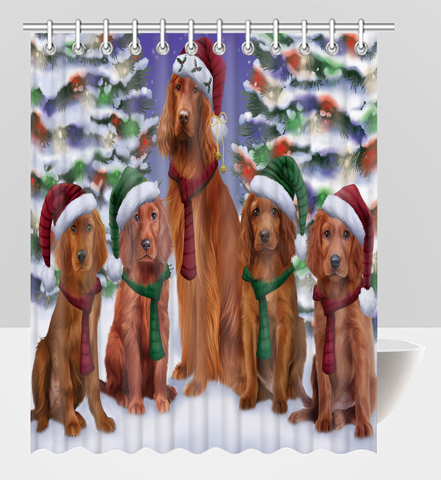 Irish Red Setter Dogs Christmas Family Portrait in Holiday Scenic Background Shower Curtain