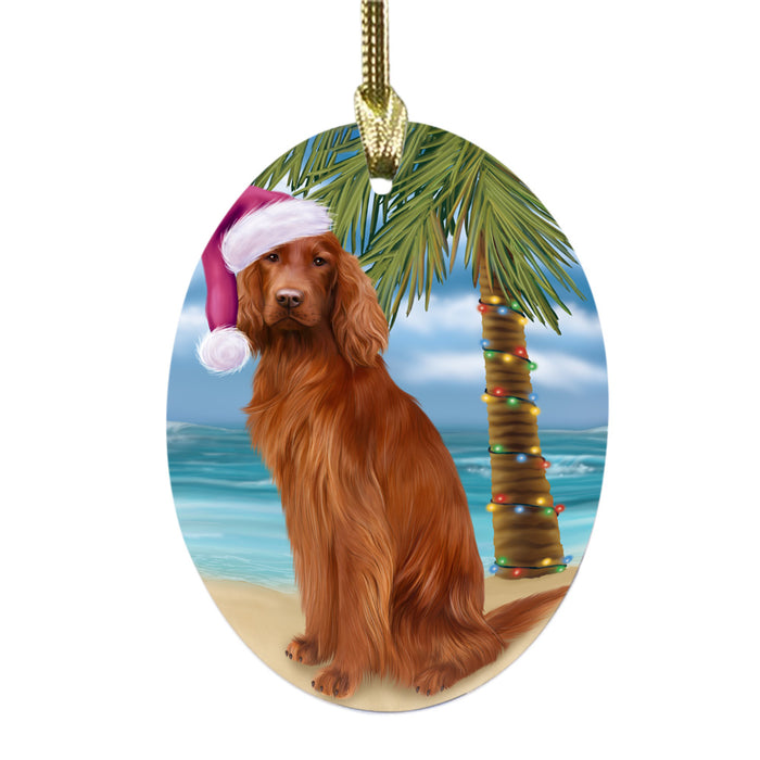 Summertime Happy Holidays Christmas Irish Red Setter Dog on Tropical Island Beach Oval Glass Christmas Ornament OGOR49377