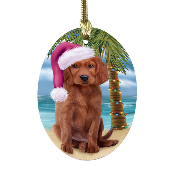 Summertime Happy Holidays Christmas Irish Red Setter Dog on Tropical Island Beach Oval Glass Christmas Ornament OGOR49378